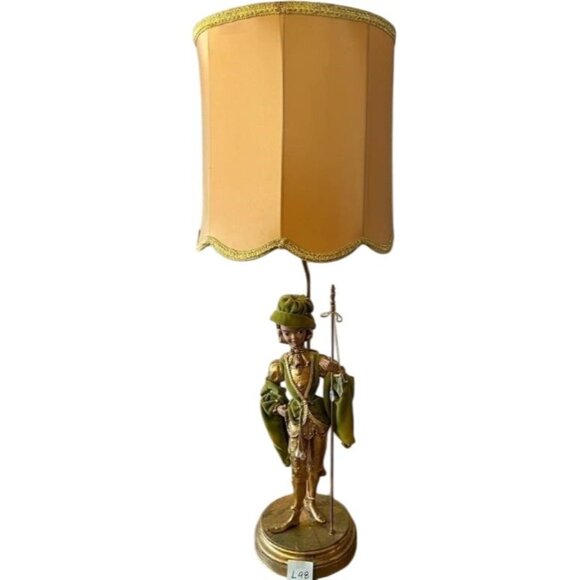 Vtg 40" MCM Italian Pixie Elf Statue Table Floor Lamp Torchiere Green Gold Leaf - Picture 3 of 16